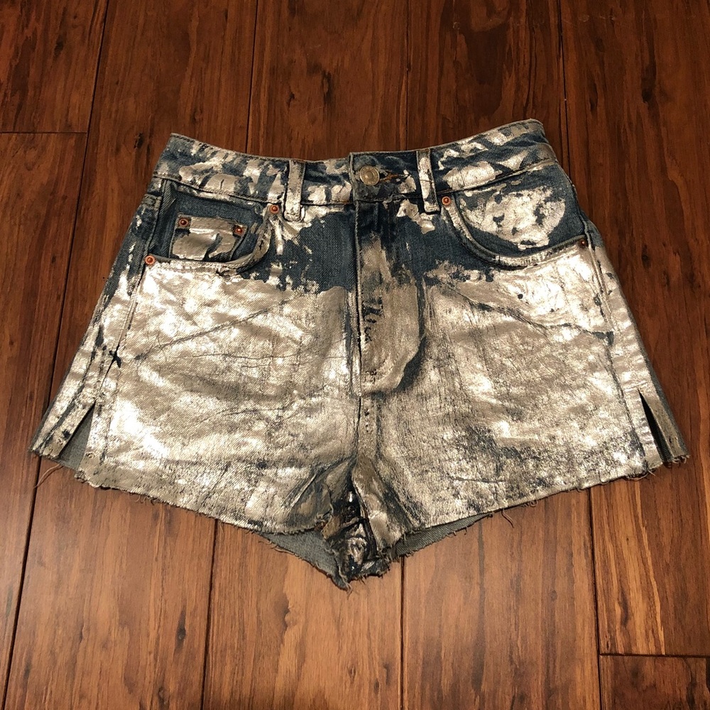 top shop metallic silver denim shorts